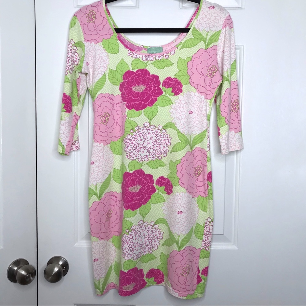 MANUEL CANOVAS pink green floral body con dress 8/10 medium
